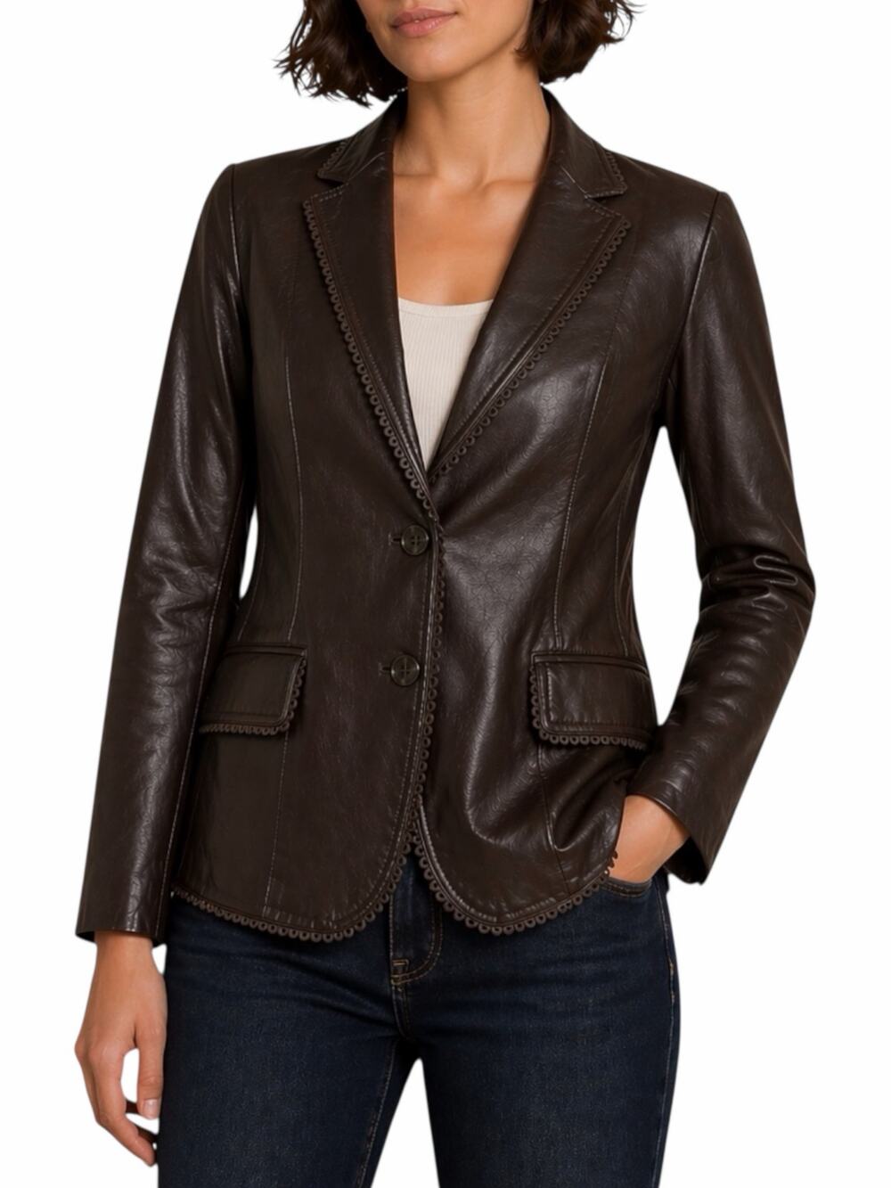 Jaclyn Smith Scallop Trim 2 Button Leather Blazer Jacket Dark Brown Size 14